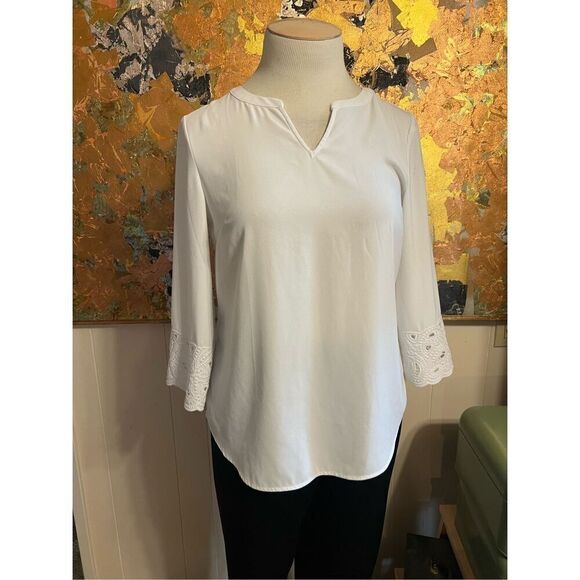 Talbots Petites Medium P White Embroidered Long Sleeves Blouse Top Shirt - Picture 1 of 6